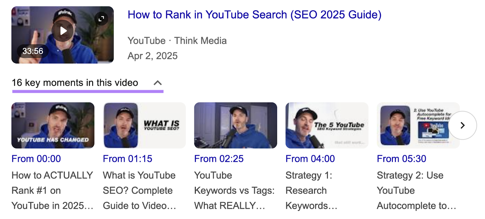 In the Google Video SERP feature, a video shows 16 key moments similar to Chapters.