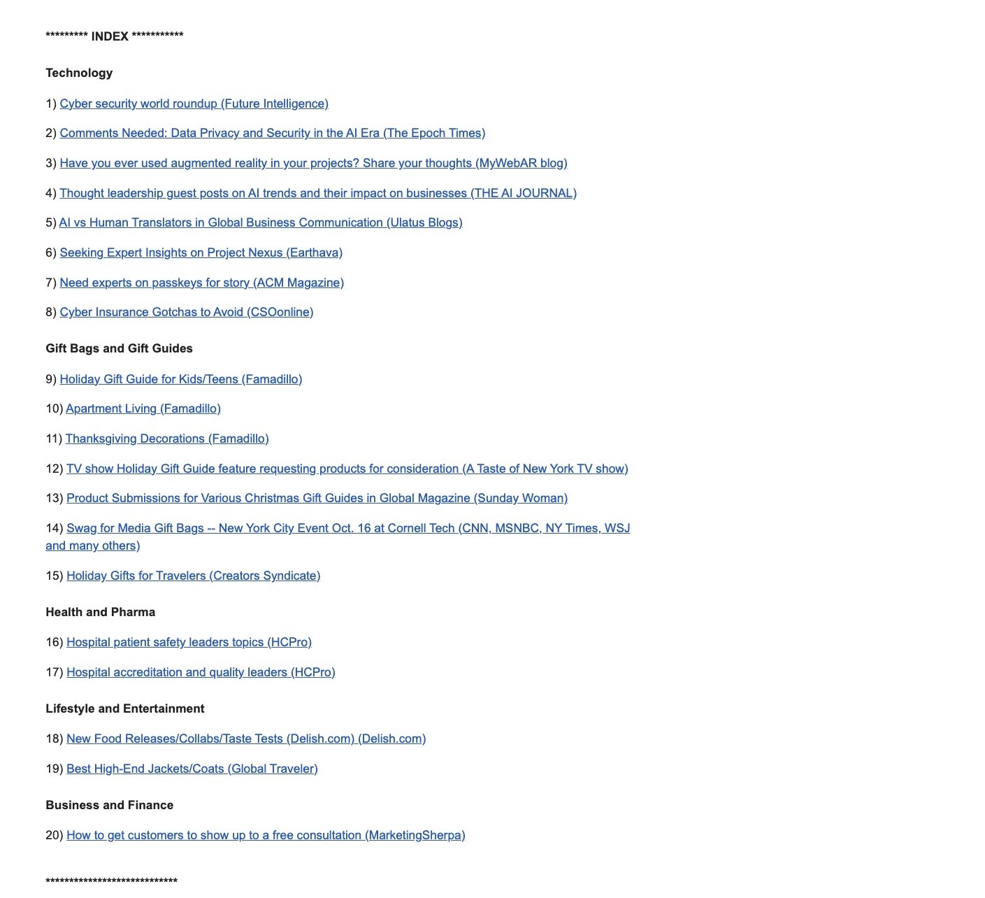 An email alert with a list of HARO queries grouped into categories.