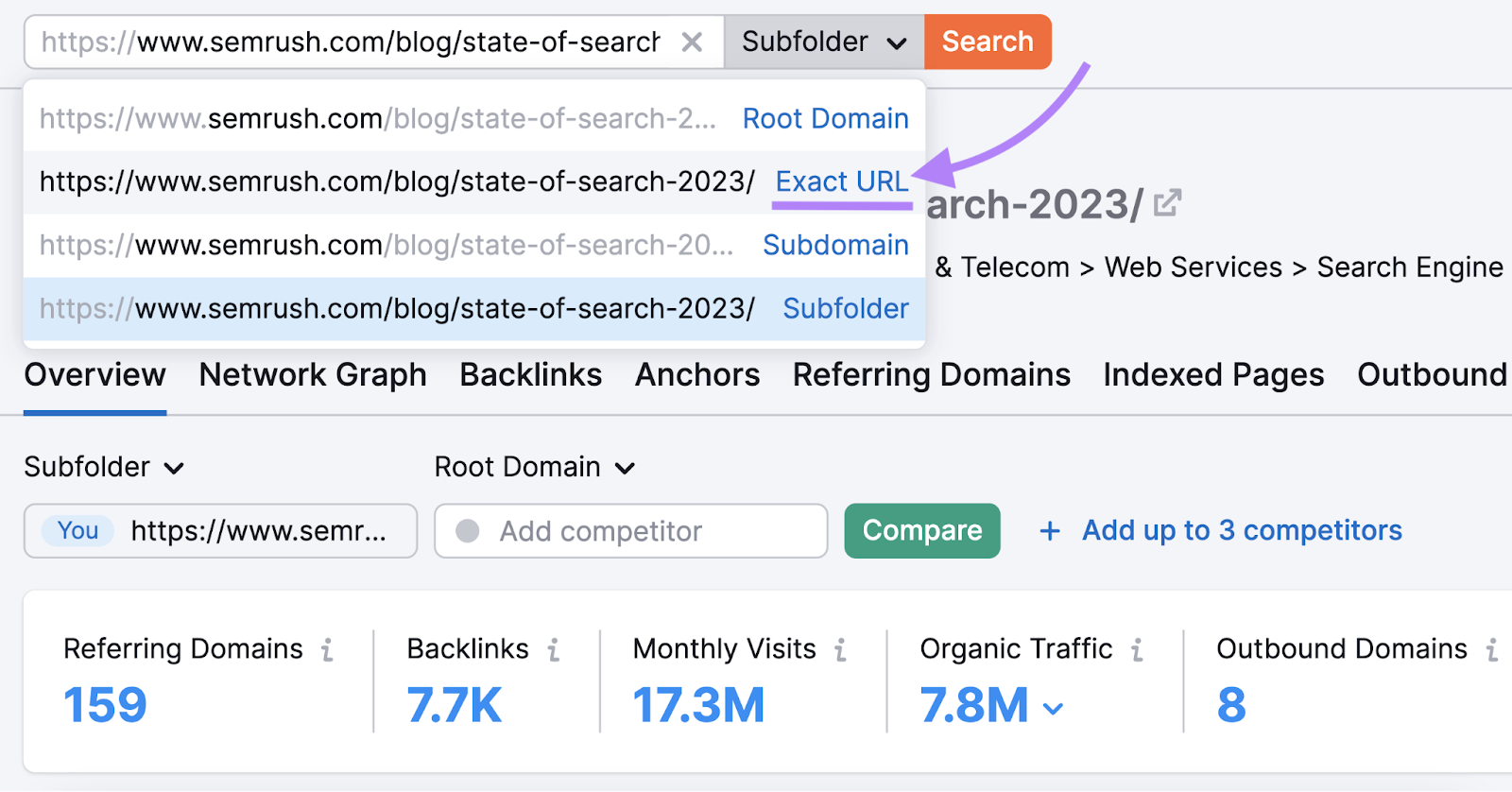 "Exact URL" selected from the search bar drop-down menu