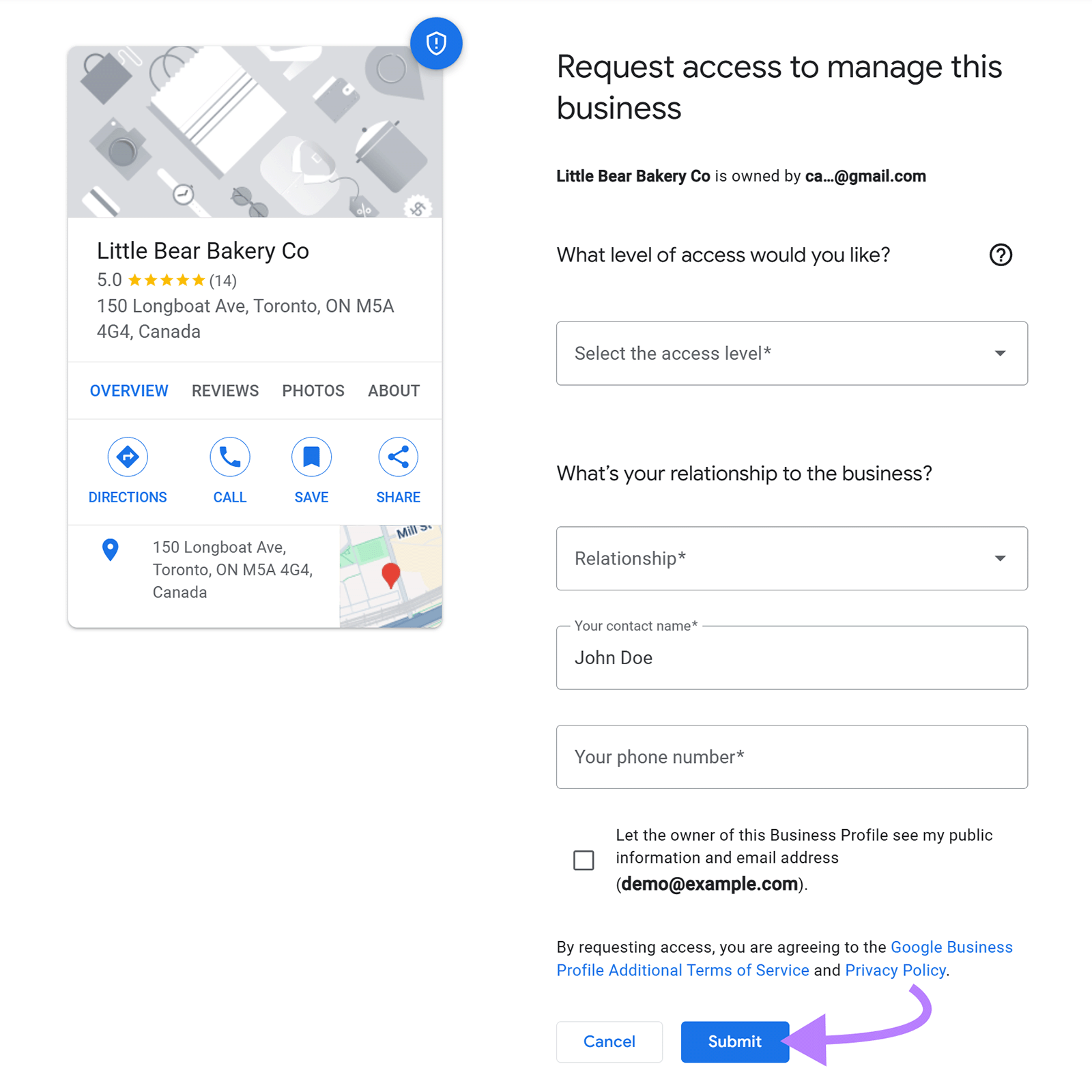 Request access form with arrow pointing to “Submit” button.