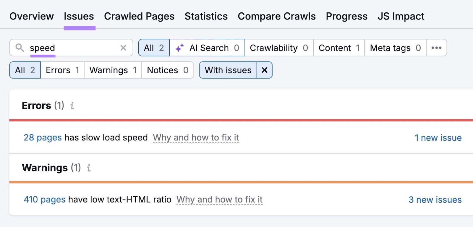 The "Issues" tab on Site Audit with "speed" entered which shows pages with slow load speed.