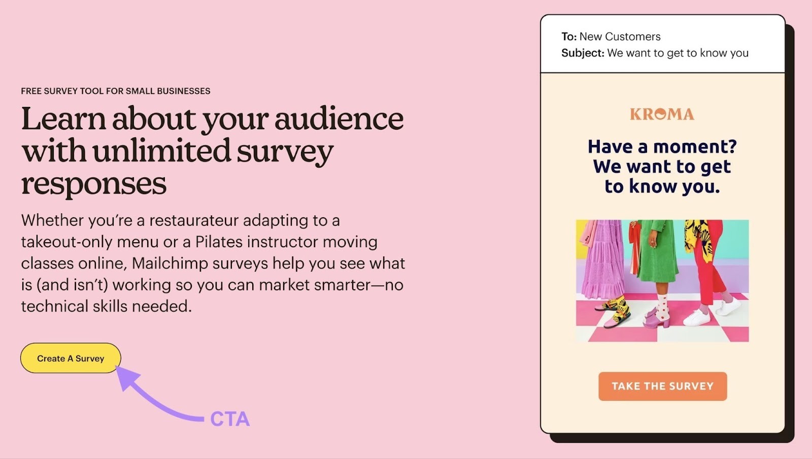A landing page by Mailchimp with the "Create A Survey" CTA highlighted.