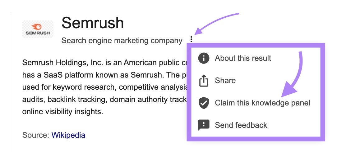The three-dot icon clicked at the top of a knowledge panel and "Claim this knowledge panel" clicked from the drop-down.