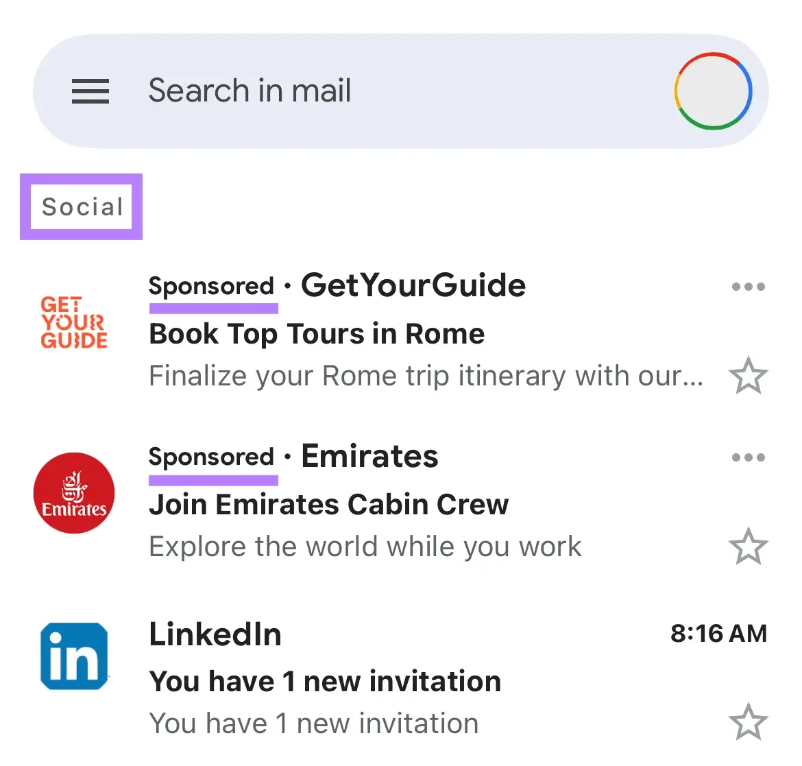 Ads in Gmail Social tab highlighted.