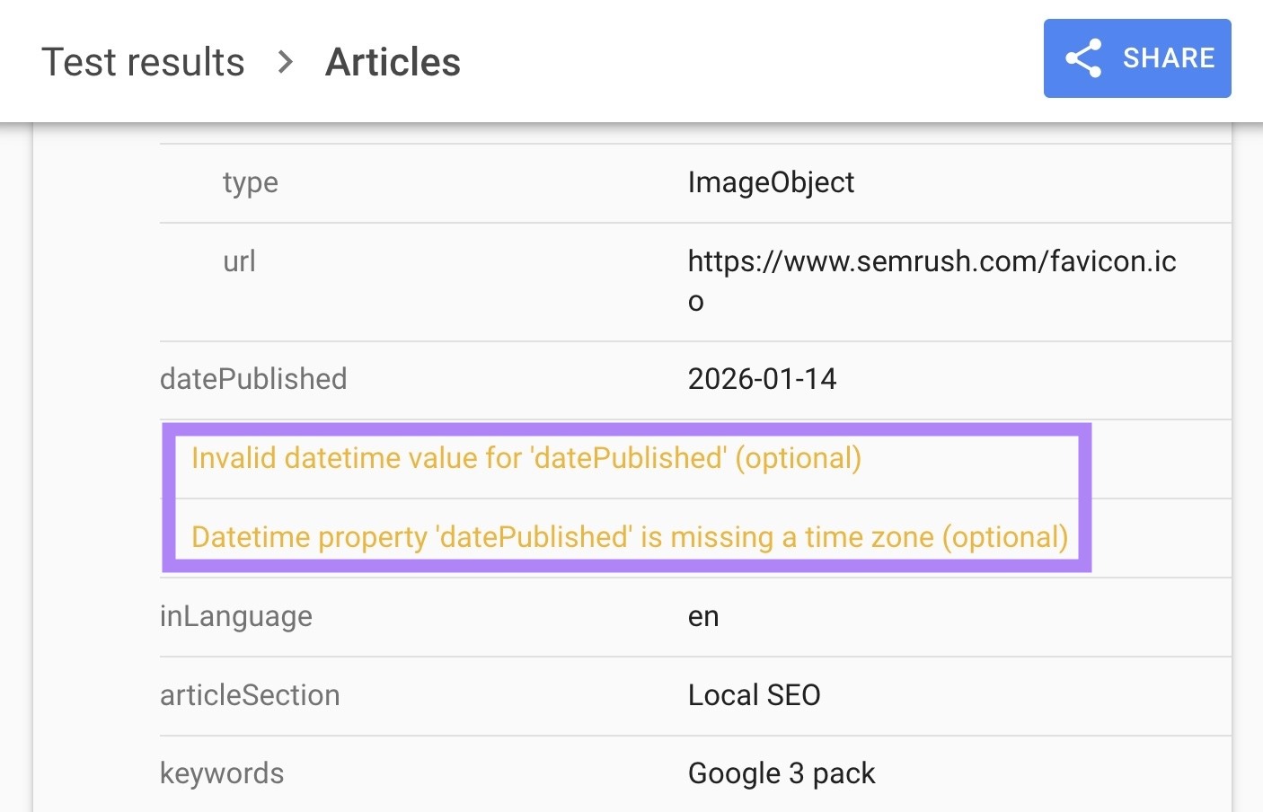 Rich Results Test showing that a ChatGPT-generated schema with missing time & timezone information from the datePublished property.