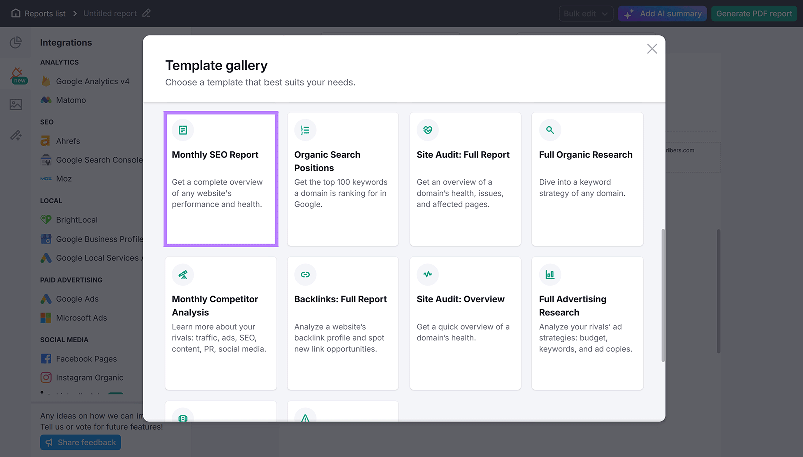 Semrush reports editor dashboard with Template gallery popup and Monthly SEO report card highlighted