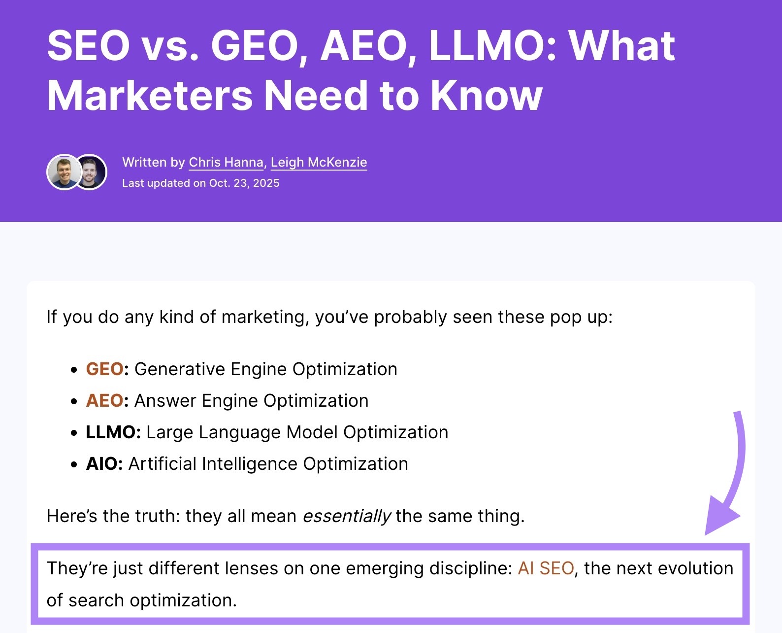 A blog post about GEO and similar definitions with the narrative being linked to the core intent: AI search.
