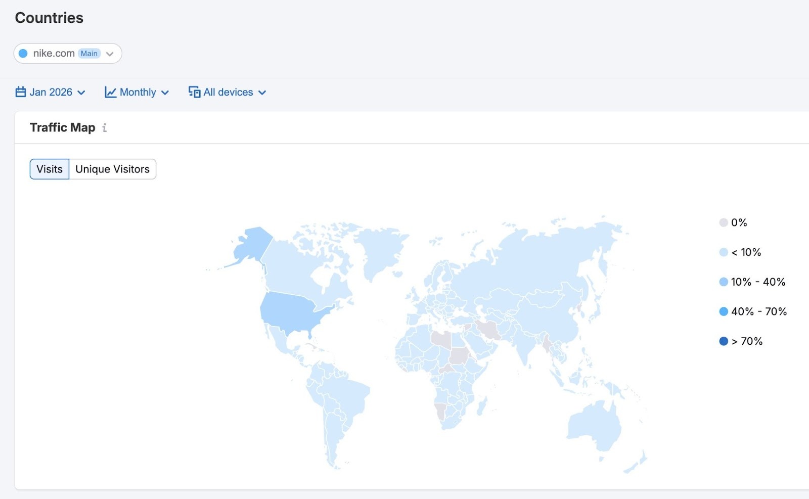 The "Traffic Map" report on the Countries dashboard showing a domain's web traffic by geographic region.