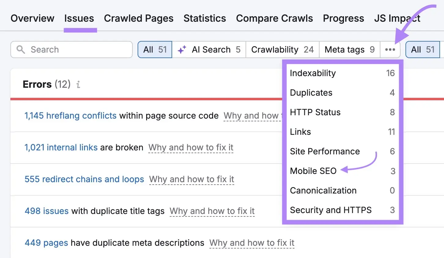 Semrush Site Audit Issues tab with the three-dot menu open and Mobile SEO selected.
