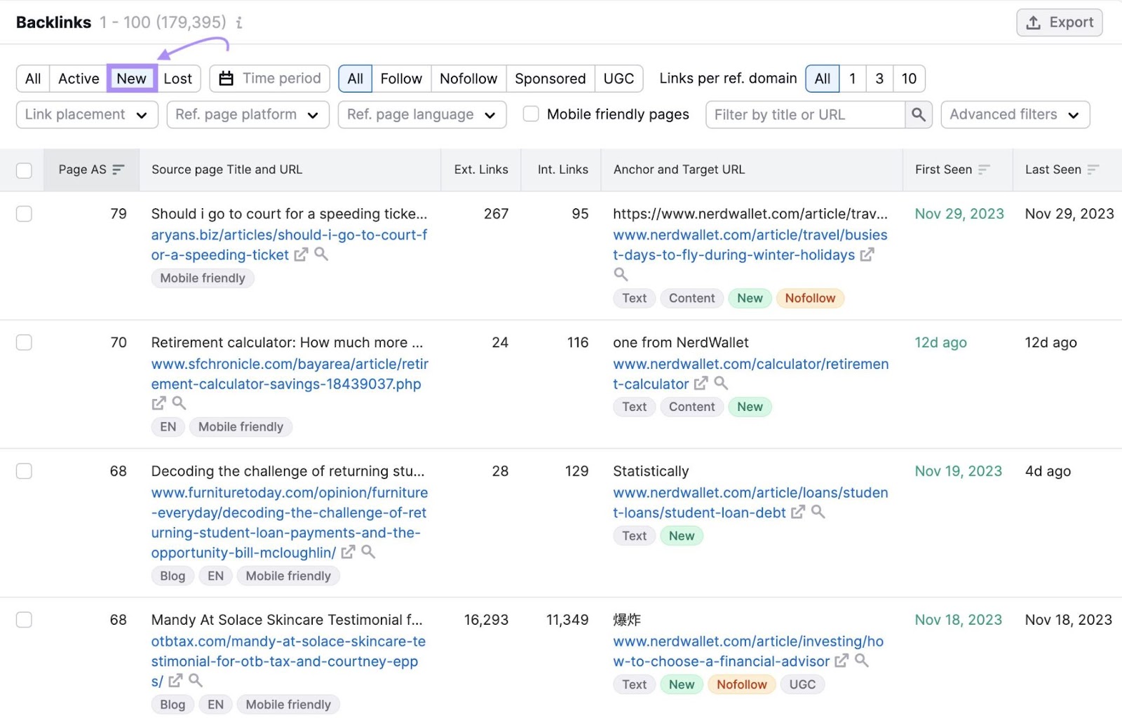 A list of discovered backlinks in Backlinks tool