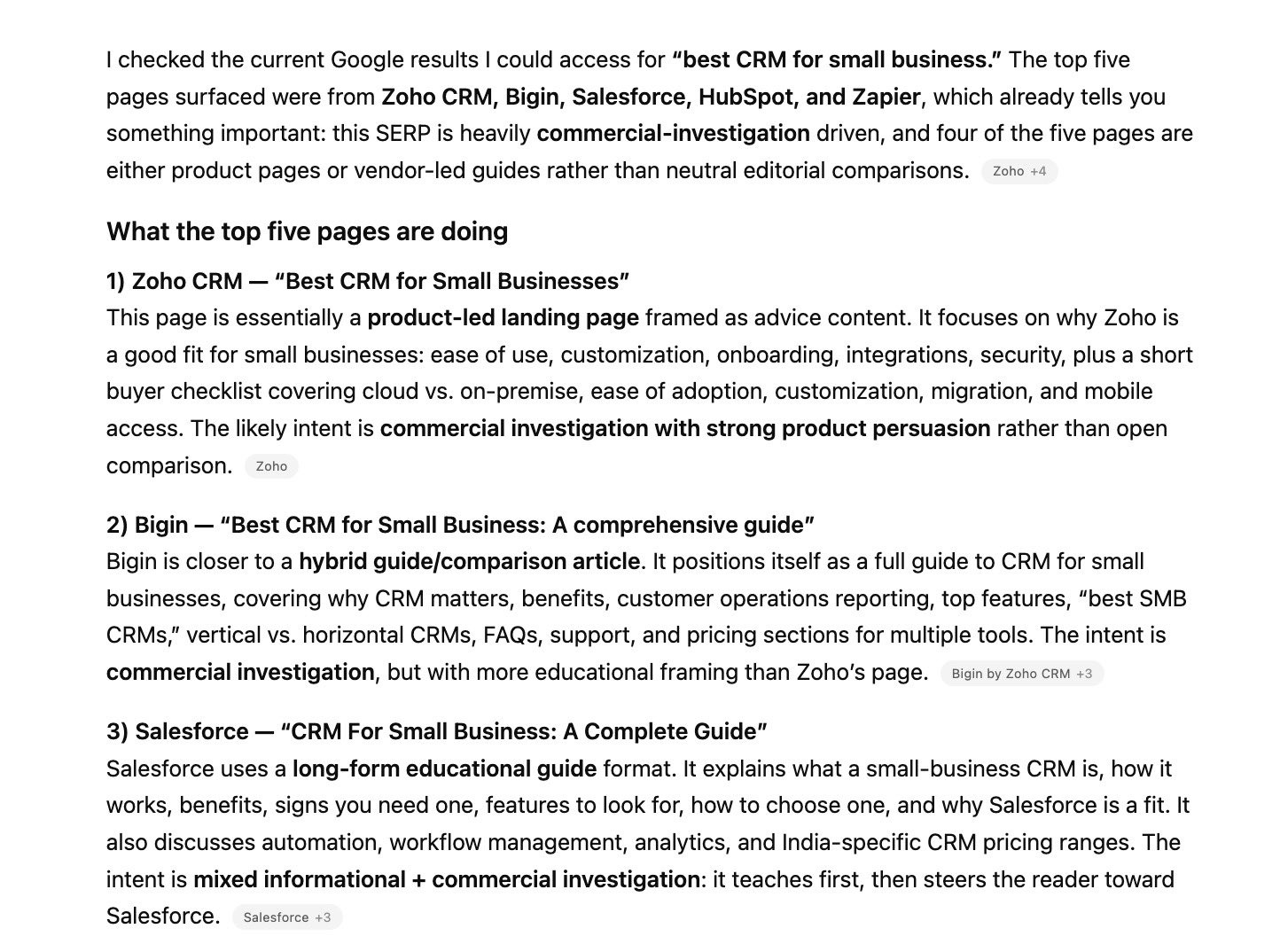 A response on ChatGPT analyzing the top ranking pages with a summary of intent, main topics covered, and format.