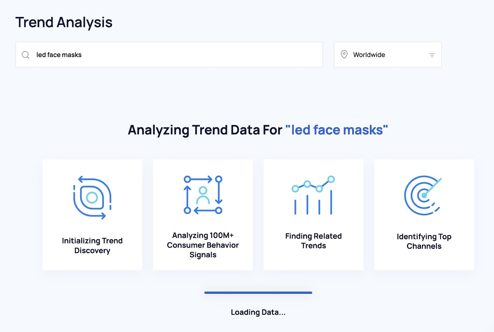 The Trend Analysis tool on Exploding Topics loading trend data for the term "led face masks".