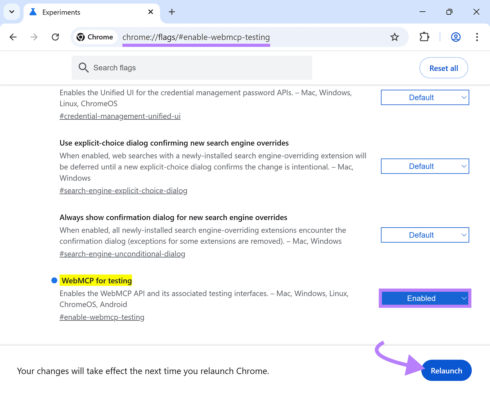 Chrome flags page with “WebMCP for testing” option enabled and the Relaunch button highlighted