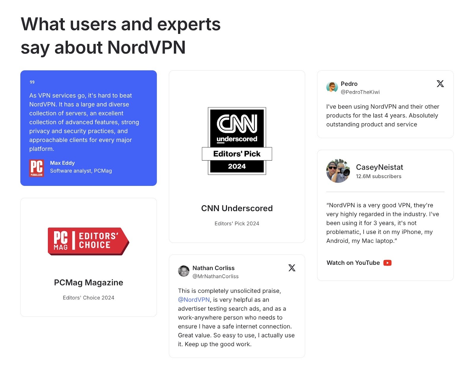 The testimonial section on a landing page by NordVPN which showcases customer reviews and awards received.