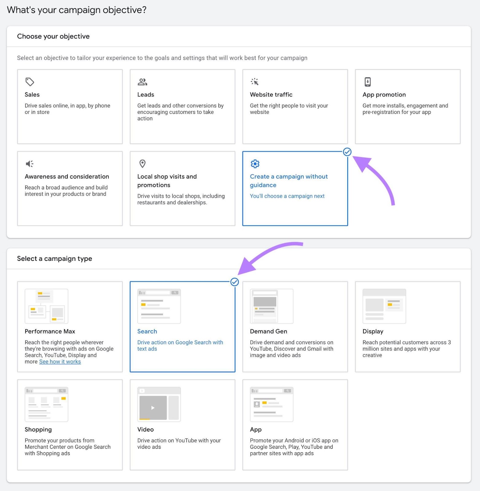 Google Ads setup window with options to select a campaign objective and campaign type.