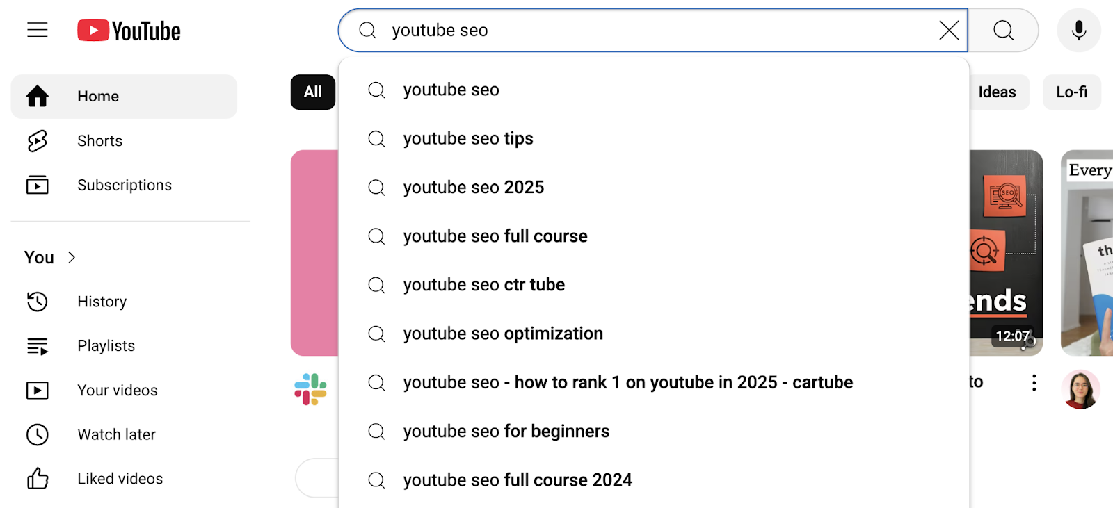 Autocomplete suggestions for youtube seo include tips, the year, full course, optimization, and for beginners.