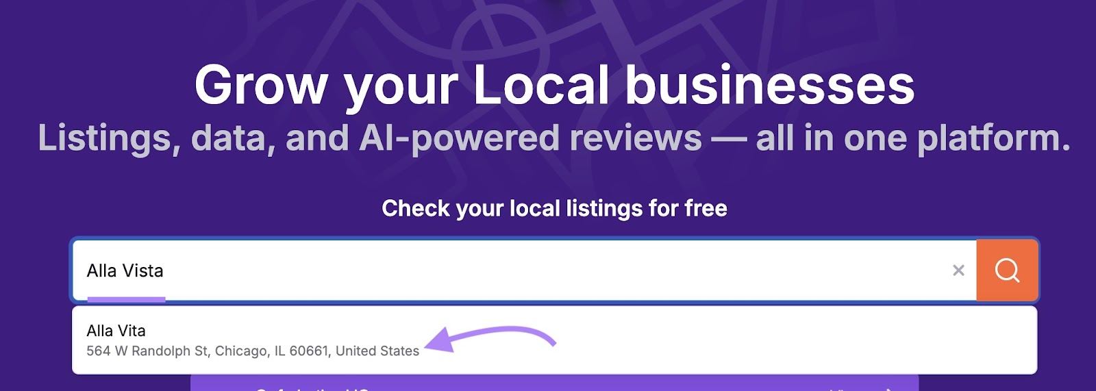 Listing Management tool start with a business name entered in the search bar and selected from the drop-down below.