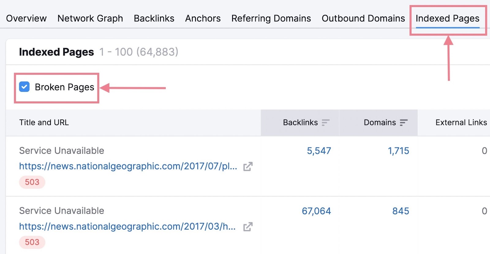 Backlinks showing indexed and broken pages