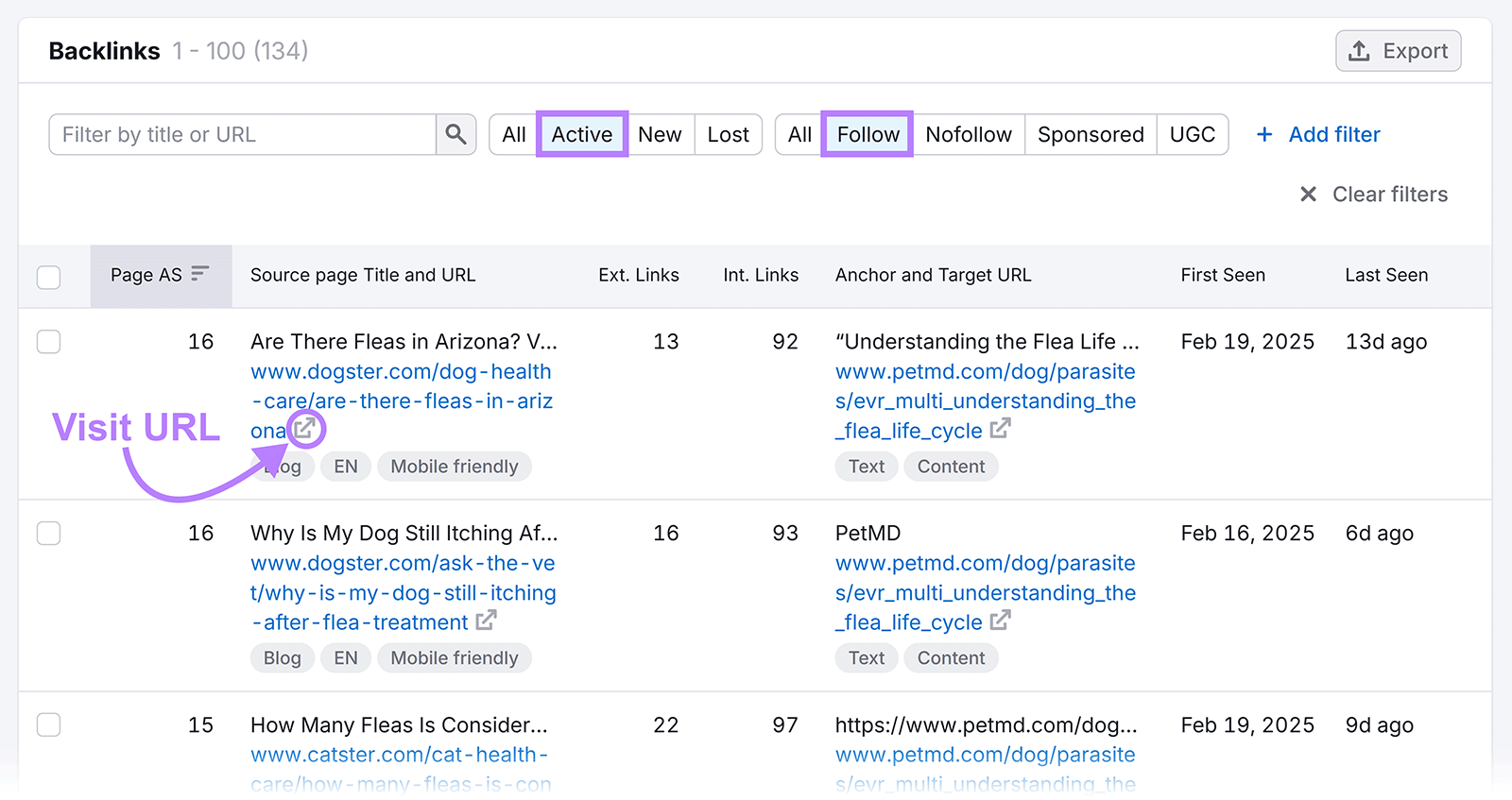 Backlinks table with filters set to Active and Follow and an arrow pointing to the visit-URL icon.