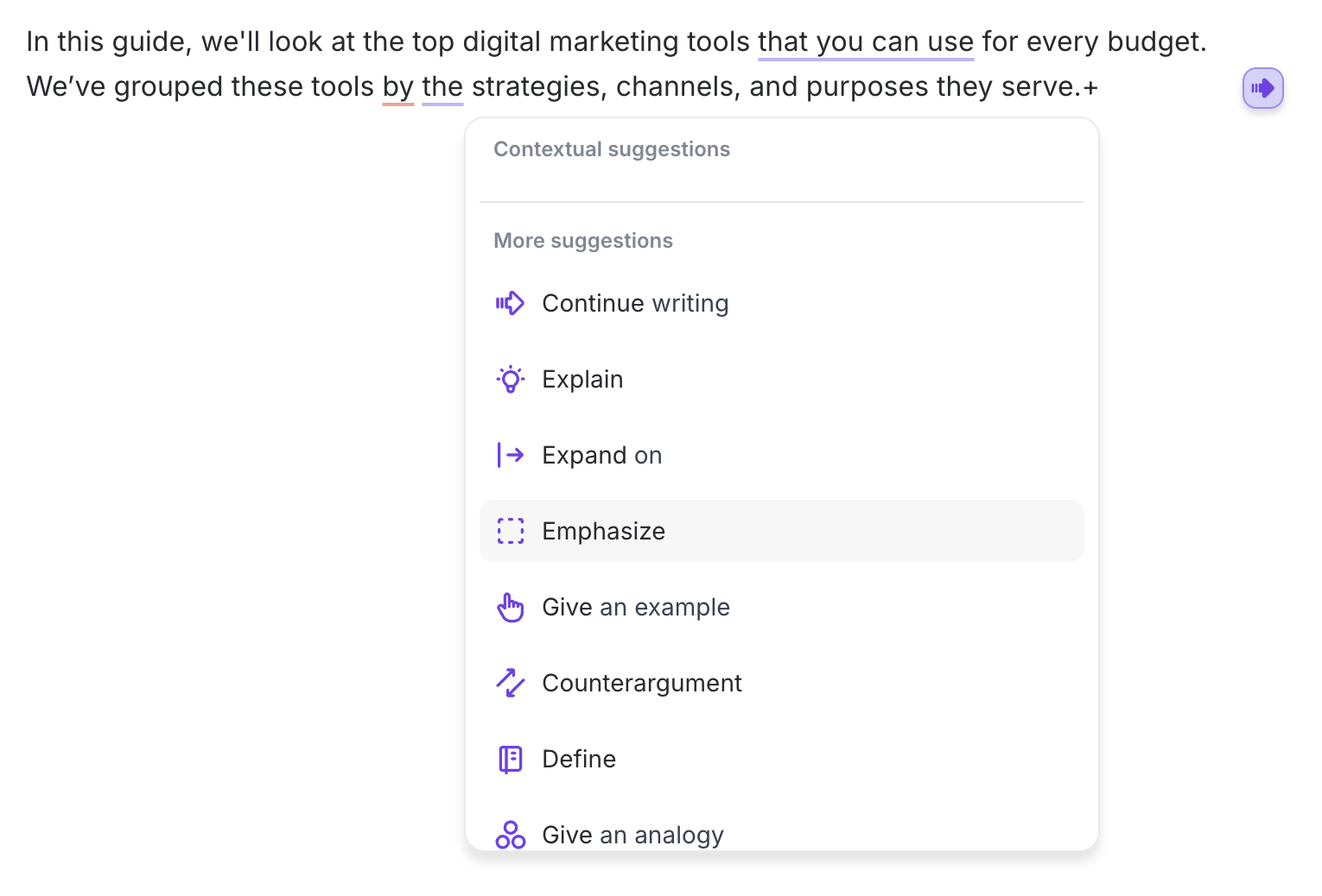 Suggestions include explain, expand, emphasize, give an example, counterargument, define. give an analogy, and more.