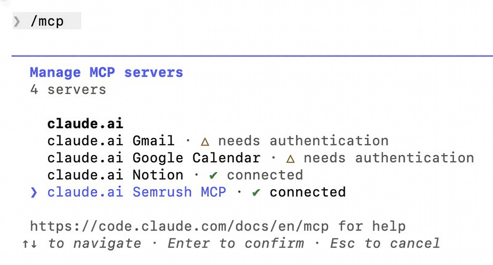 Claude MCP server manager showing Semrush MCP successfully connected and authenticated