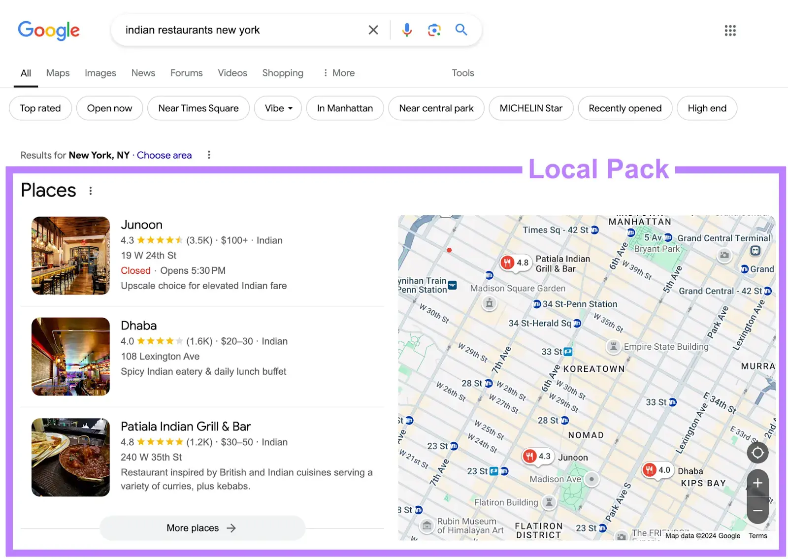 SERP showing Google's local pack which includes top local businesses alongside a map.