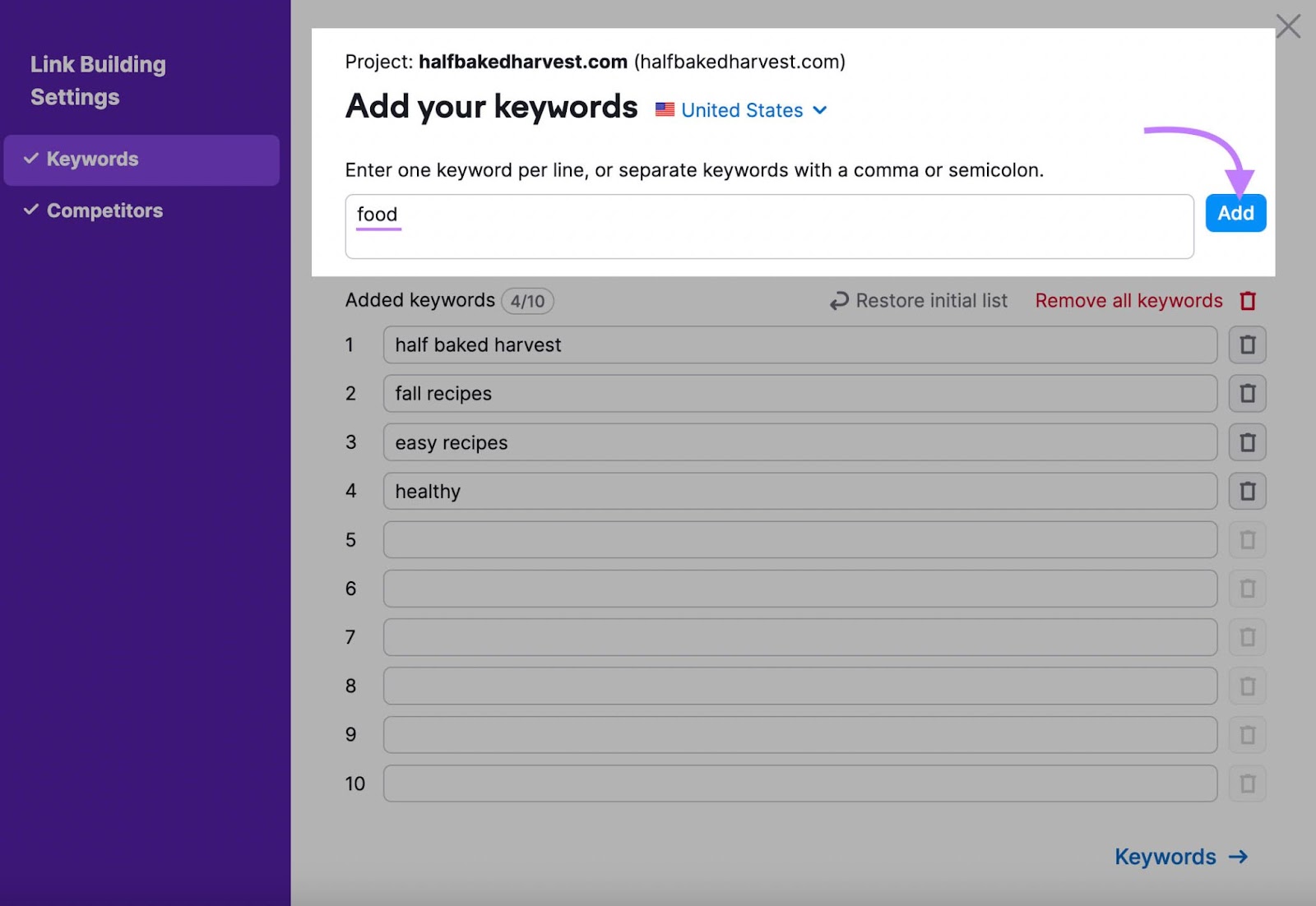 "Add your keywords" box in the Link Building Settings