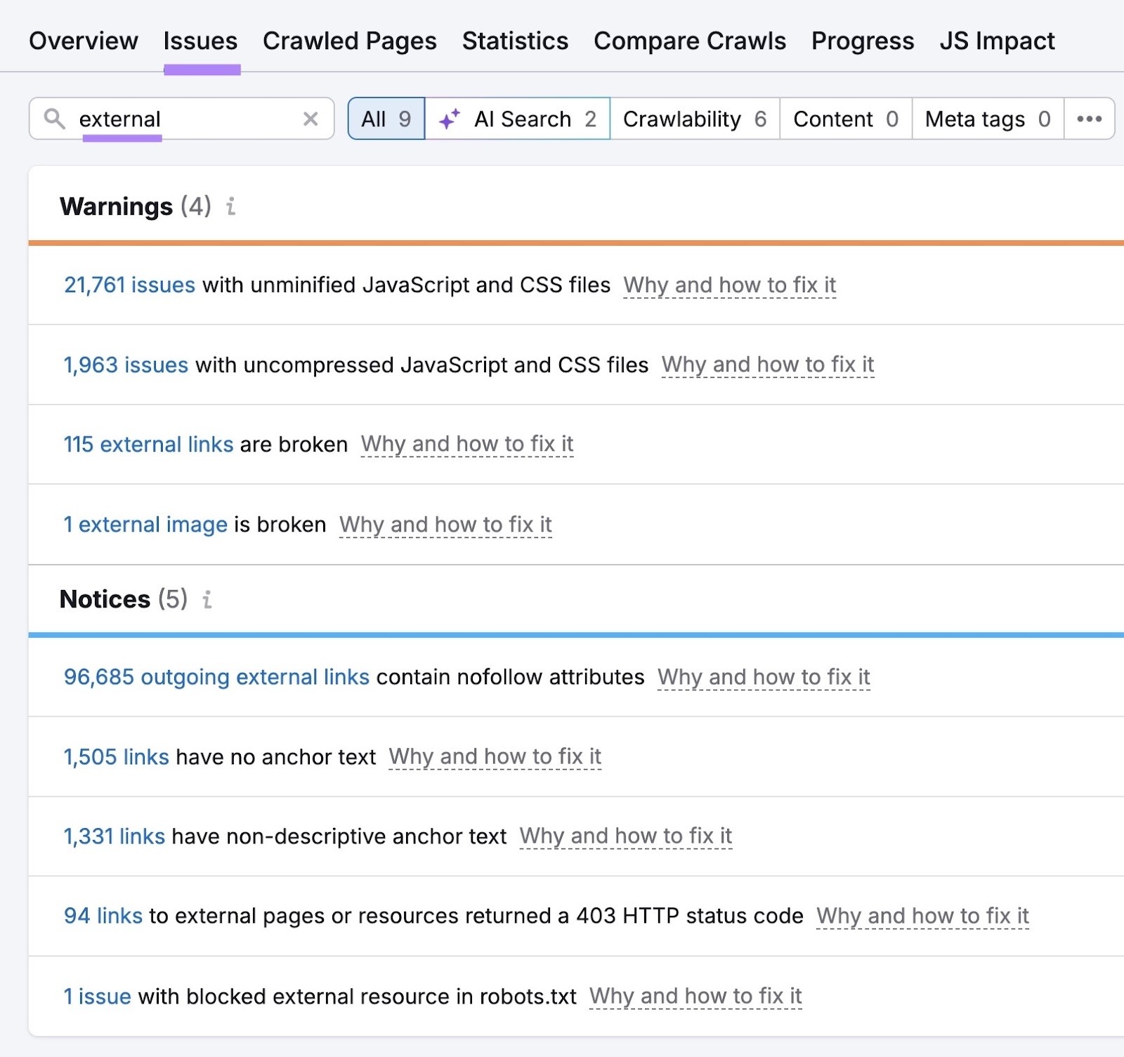 The "Issues" tab on Site Audit with "external" entered in the search bar showing a list of external link-related issues.
