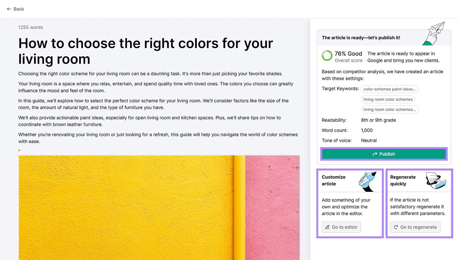 AI generated content with Publish, Customize article, and Regenerate quickly options highlighted.
