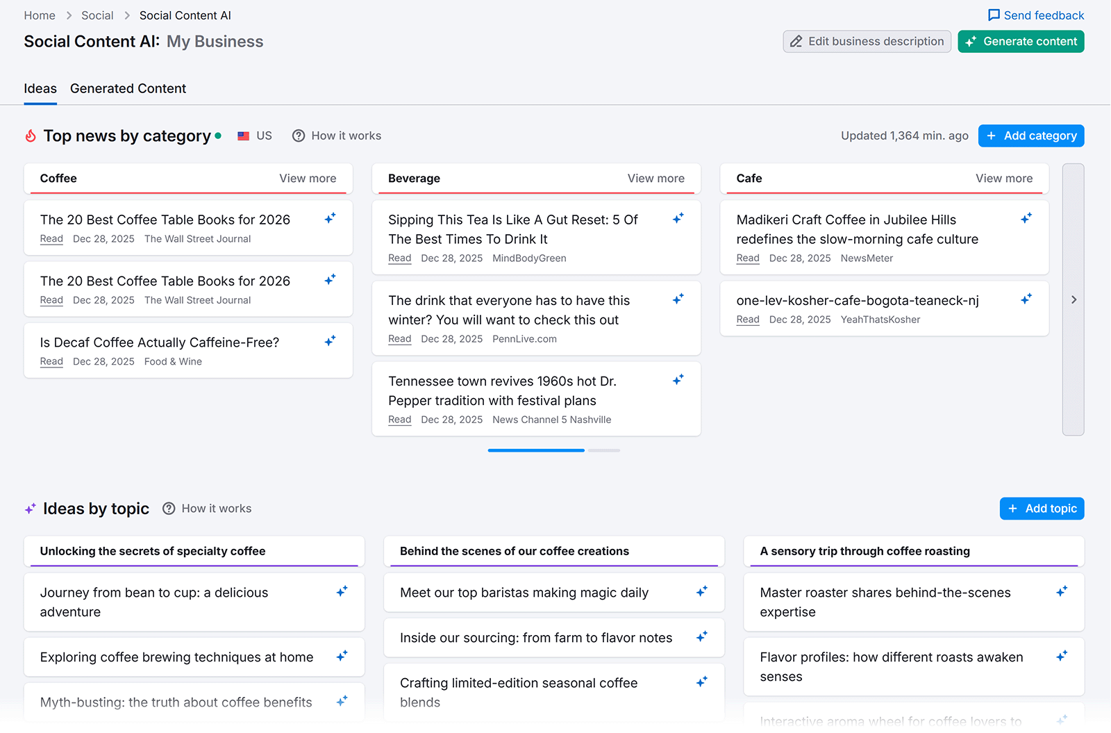 Semrush Social Content AI dashboard showing AI-generated social post ideas grouped by category.