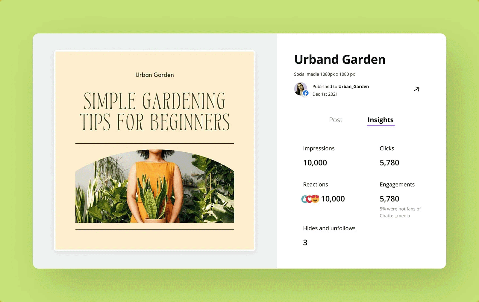 Canva social media post preview and insights panel showing impressions, clicks, reactions, engagements, and unfollows for a published post.