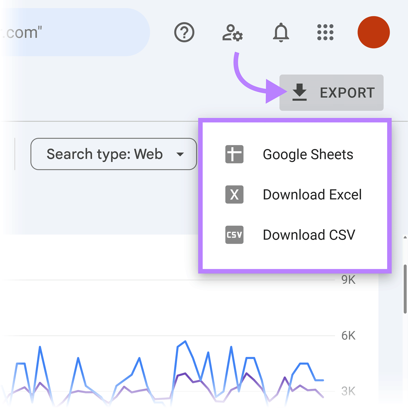 Export button clicked in Search Console showing options for Google Sheets, Excel, and CSV.