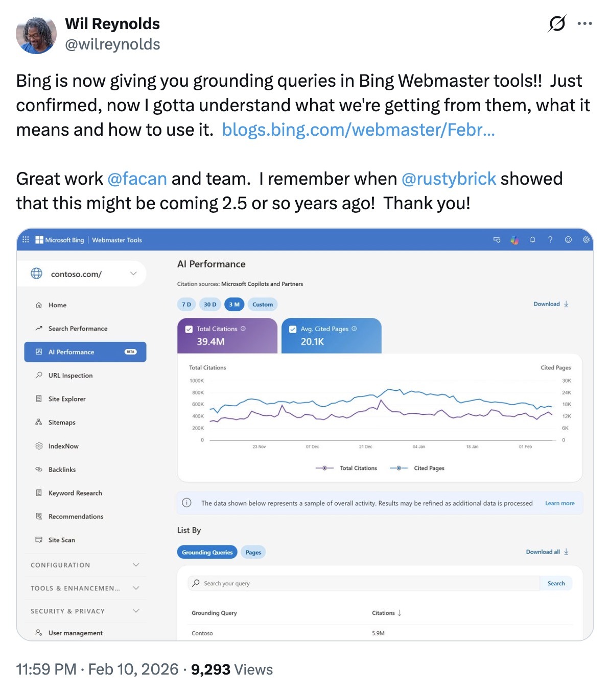 A post on X by Will Reynolds talking about grounding queries in Bing's AI Performance report.