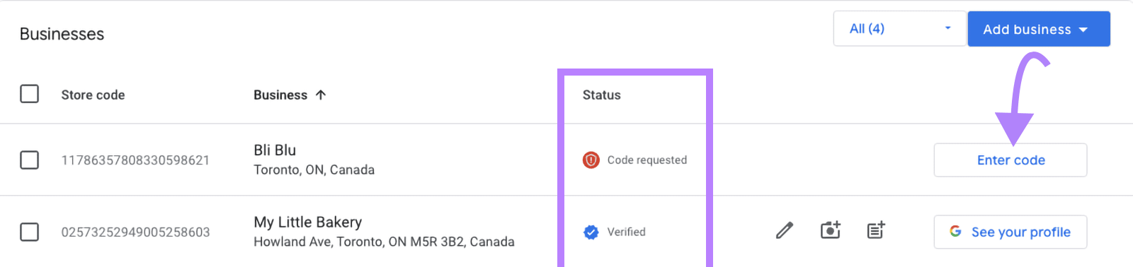 Business Profile Manager showing two businesses with Status column highlighted and arrow to Enter code button.