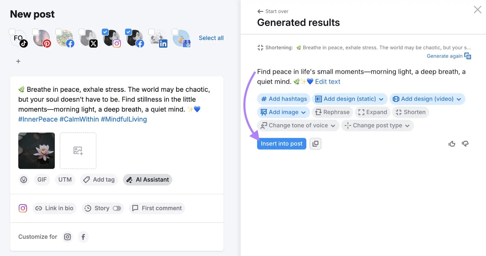 Social Poster dashboard showing AI Generated results for post content.