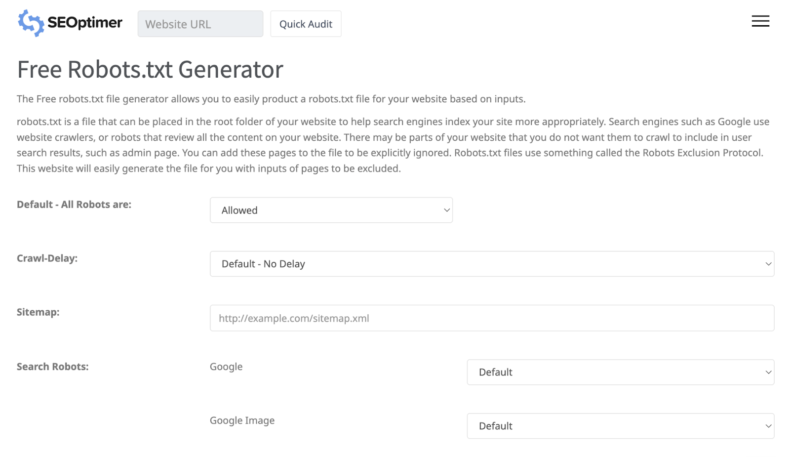 Robots.txt file maker has field for crawl delay, sitemap, and allow/disallow for search robots.