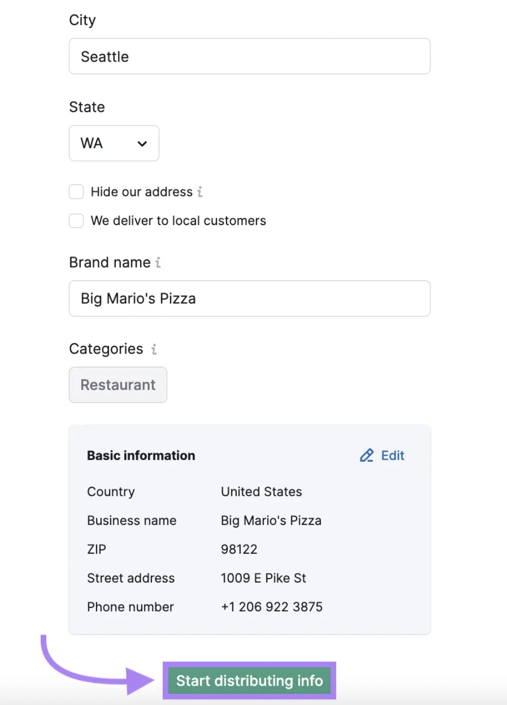 Add your information and then select the button to automatically distribute it across directories.