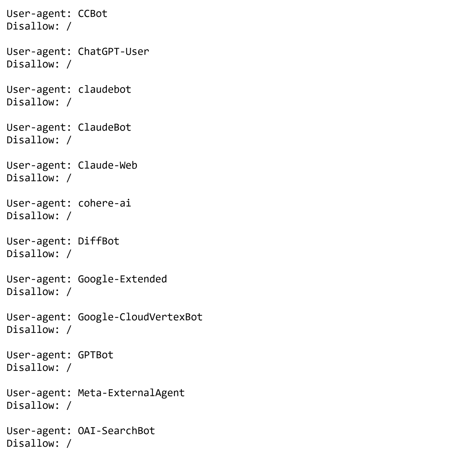 robots.txt file blocking multiple AI crawlers including GPTBot, ClaudeBot, and OAI-SearchBot