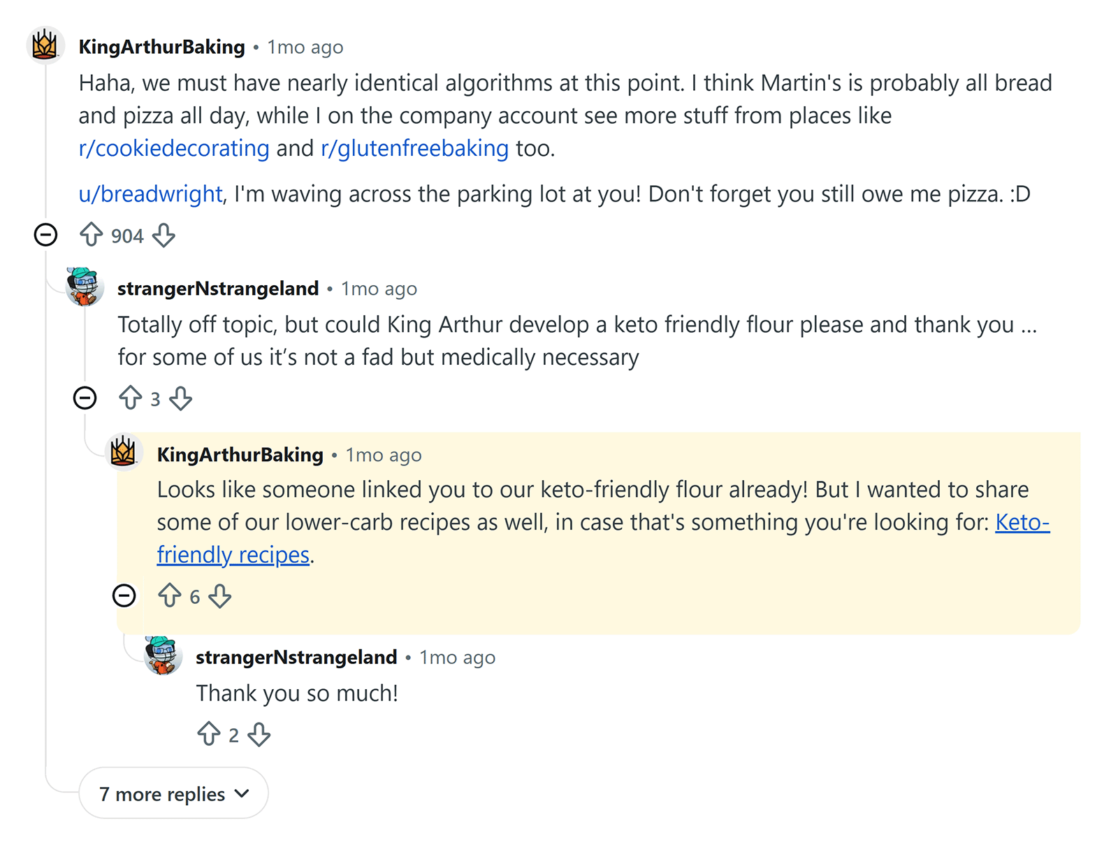 Reddit thread where King Arthur Baking shares helpful links to keto-friendly recipes in response to user question