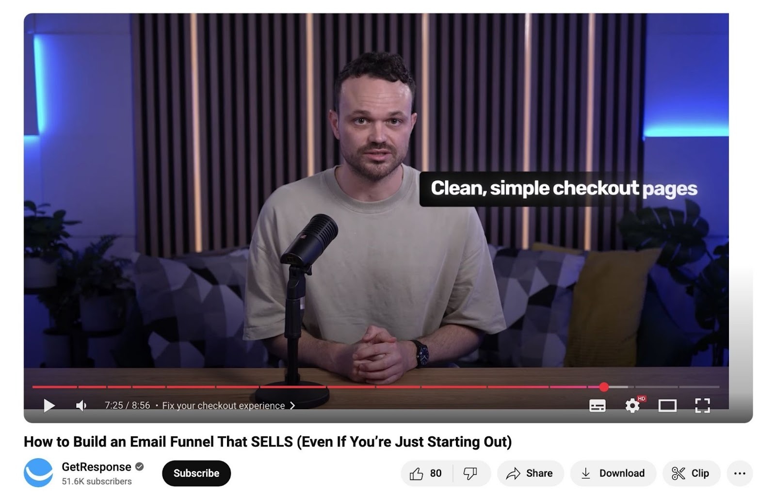 A YouTube video by GetResponse titled "How to Build an Email Funnel That SELLS (Even if You're Just Starting Out)."
