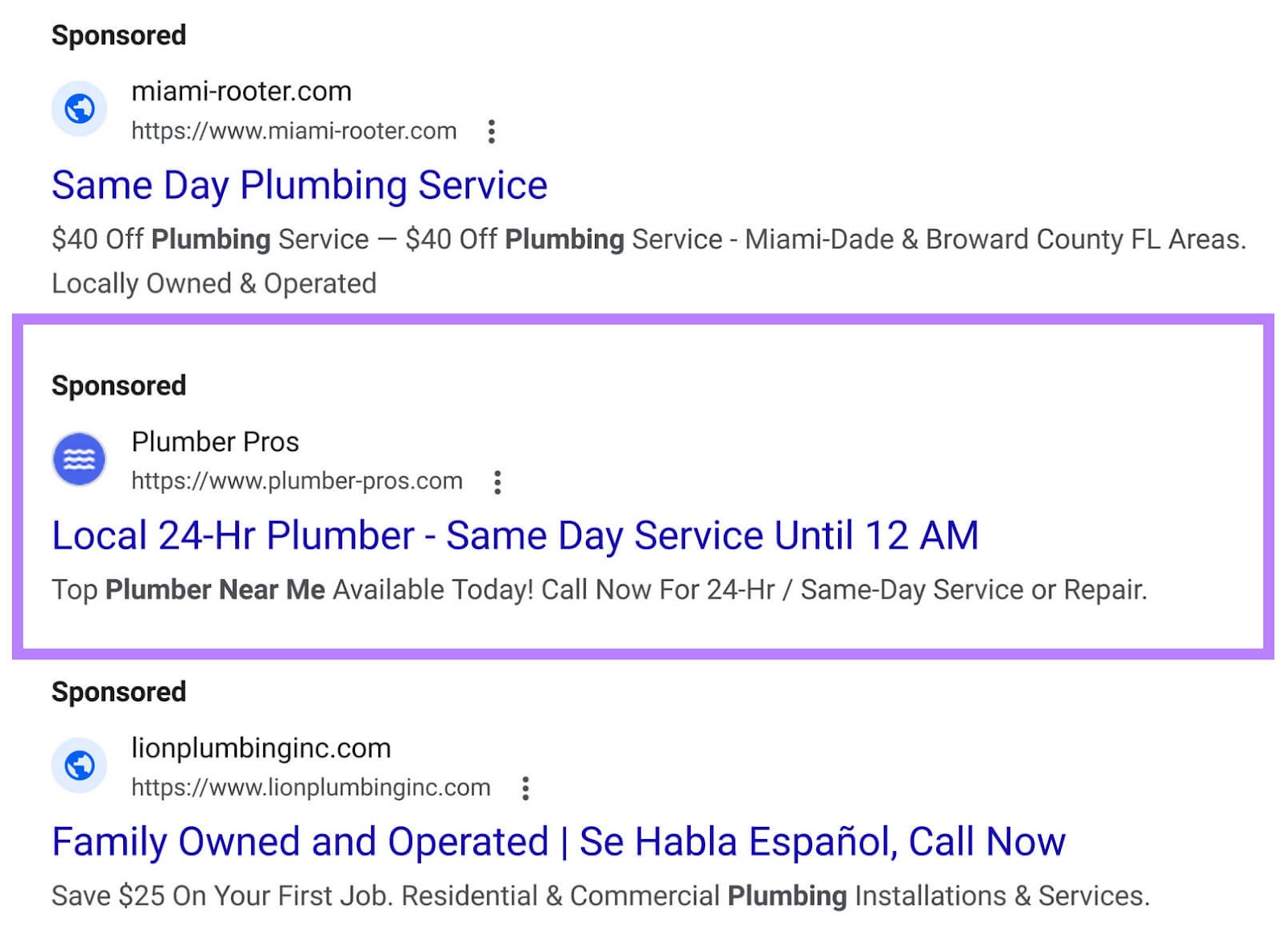 Local search ad on Google for "Plumber near me" query