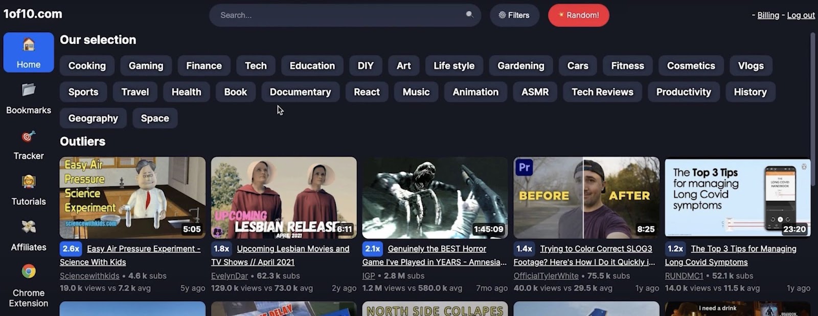 The "Home" tab on the 1of10 dashboard showing different videos along with their outlier score.