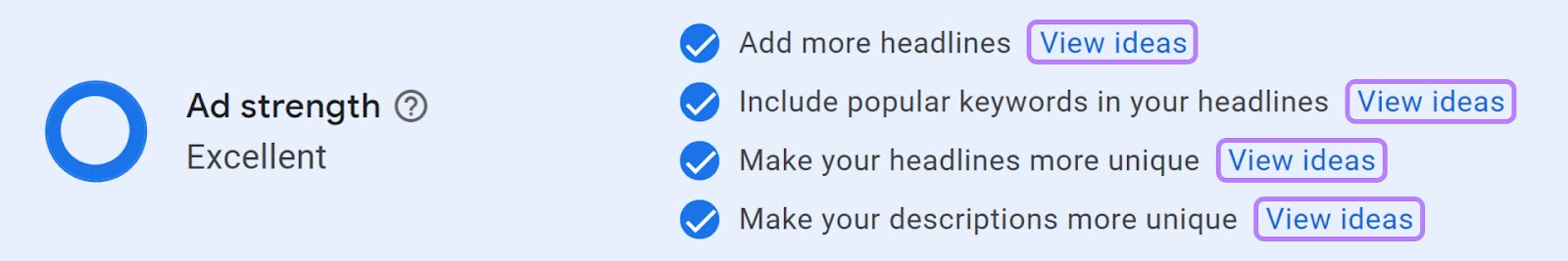 "View ideas" links highlighted under the "Ad strength" section