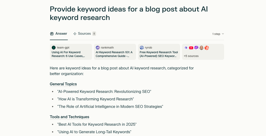 Perplexity interface showing a prompt asking for keyword ideas for a blog post along with the response generated by the tool.