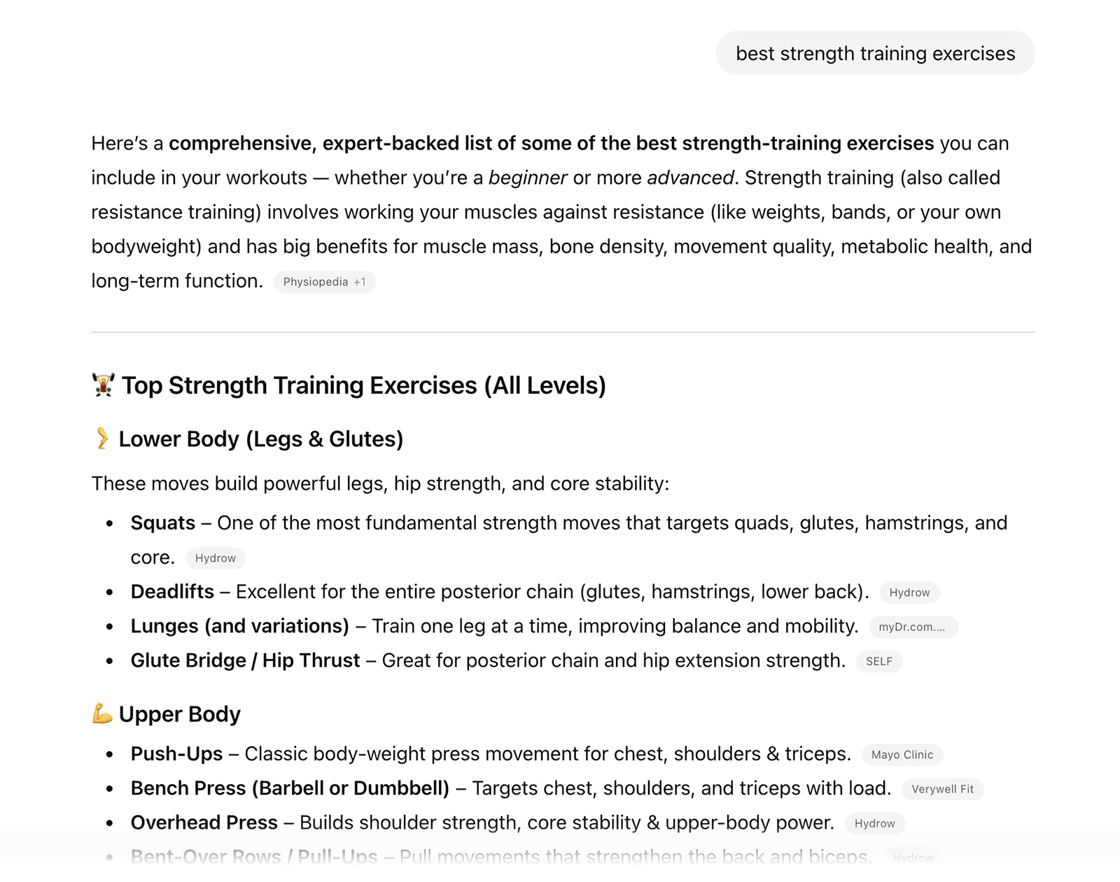 ChatGPT response for “best strength training exercises” with headings for lower body and upper body exercise lists.