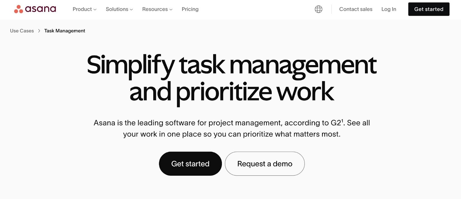 Asana homepage using a compelling headline, subtext which positions it as an industry leader, along with two clear CTAs.