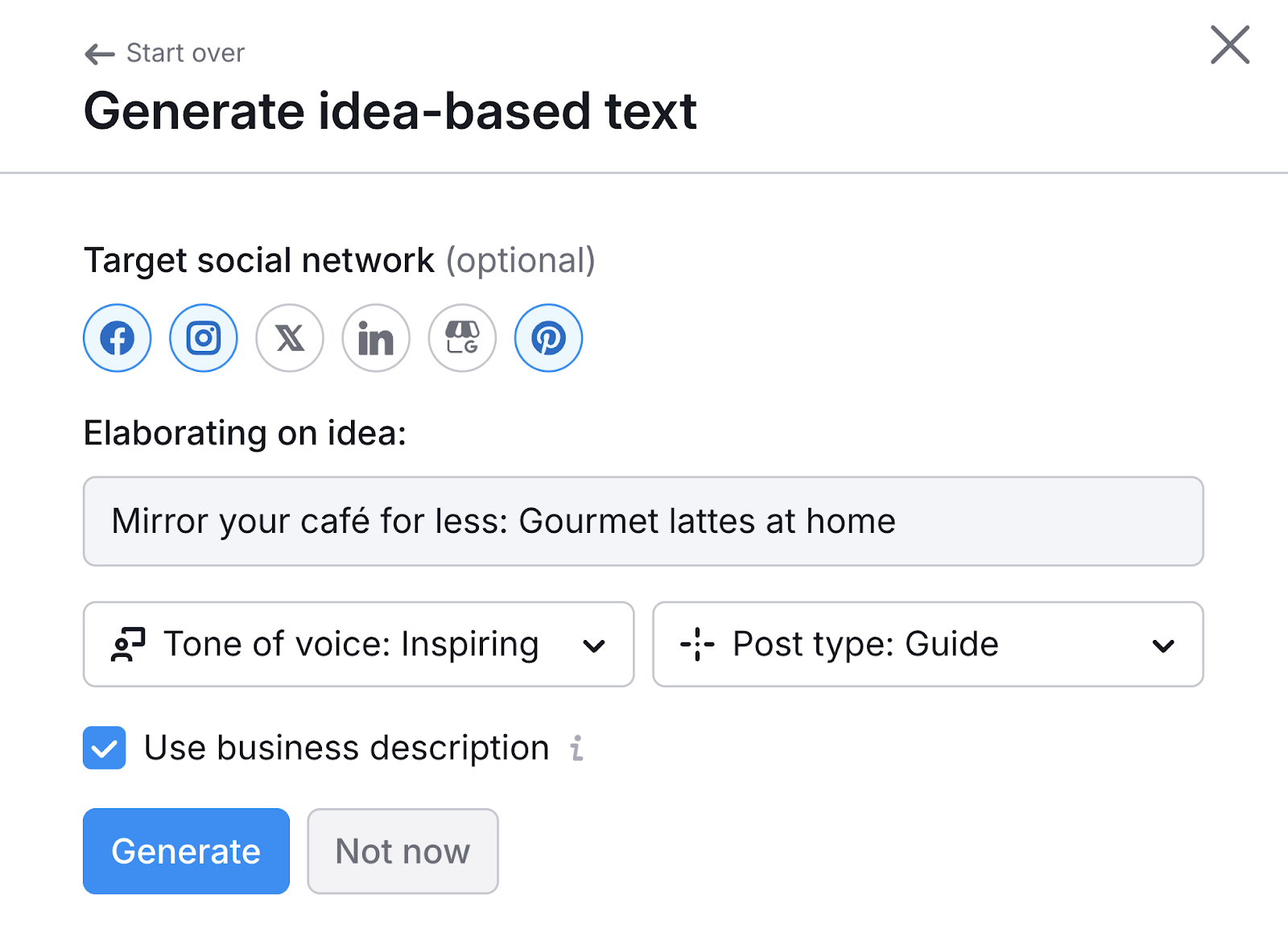 Settings are selected with the social content idea to elaborate on.