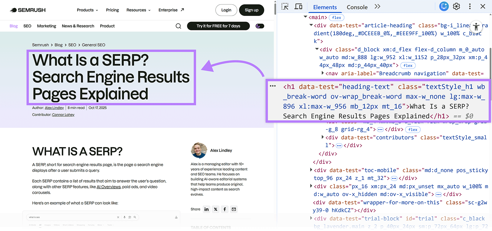Blog page with H1 heading “What Is a SERP? Search Engine Results Pages Explained” and HTML inspection view.