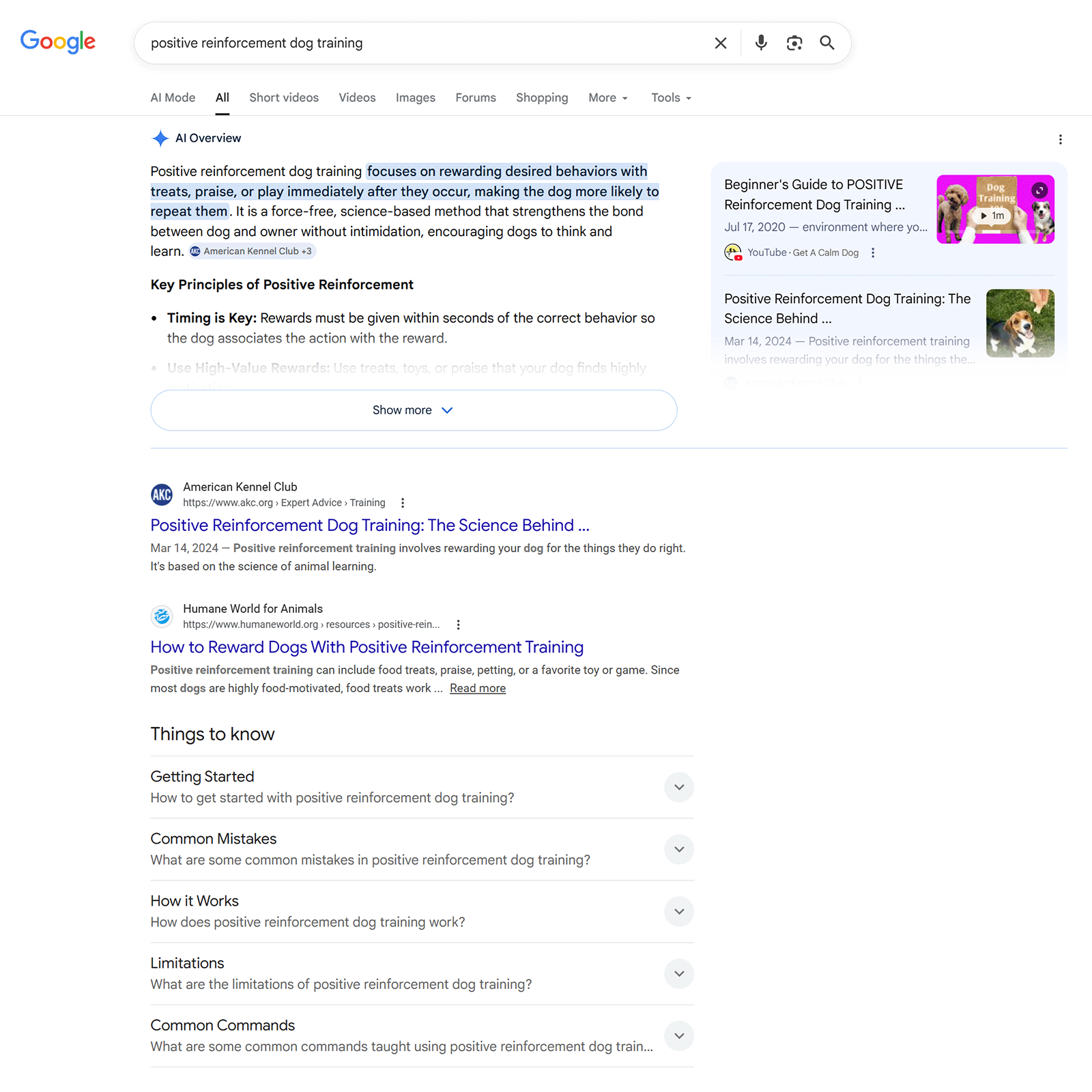 Google search results for “positive reinforcement dog training” with AI Overview and top informational pages.