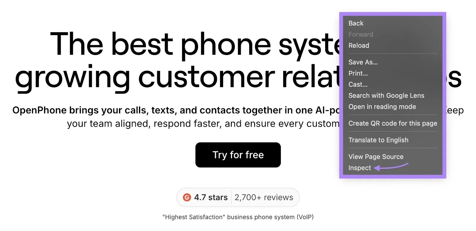 Browser right-click menu on a webpage with the Inspect option highlighted.